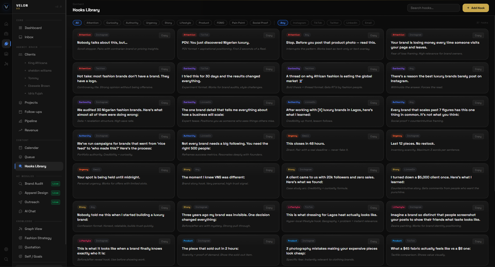 Hooks Library &mdash; searchable content hooks categorized by type and platform